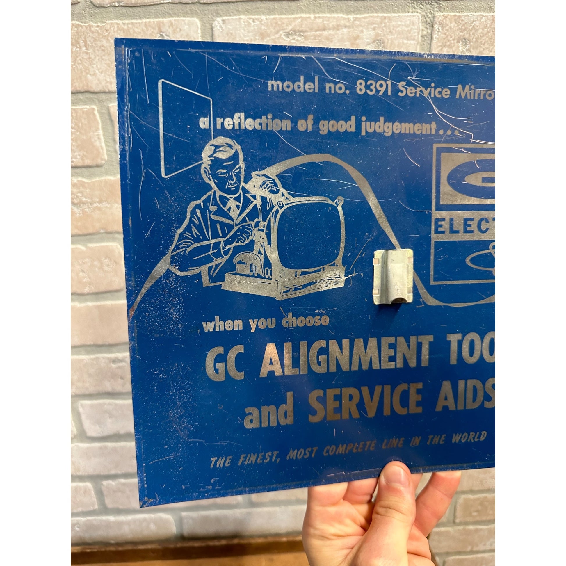 VINTAGE GC ELECTRONICS ALIGNMENT MIRROR BACK SIGN TELEVISION REPAIR SHOP 8391 TV