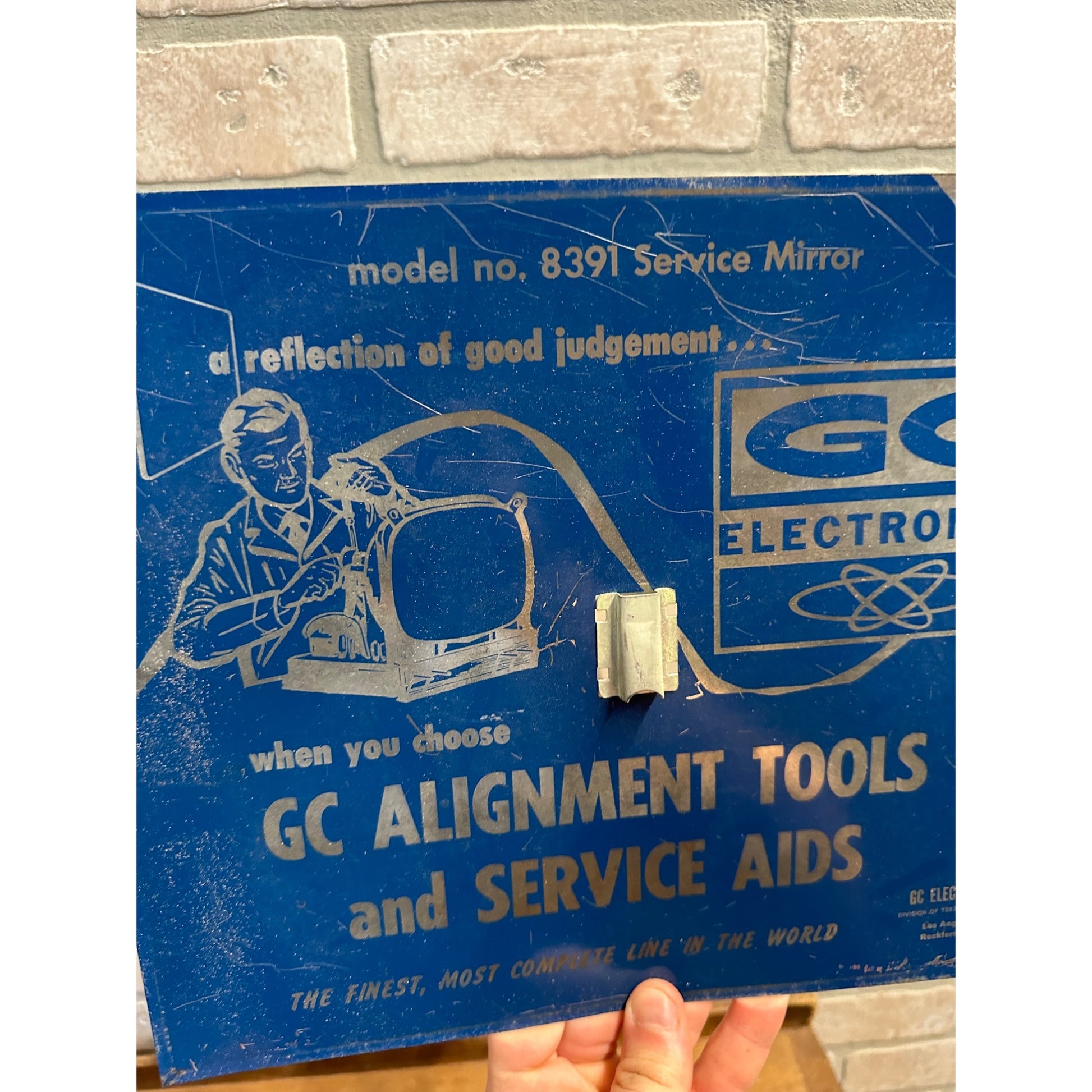 VINTAGE GC ELECTRONICS ALIGNMENT MIRROR BACK SIGN TELEVISION REPAIR SHOP 8391 TV