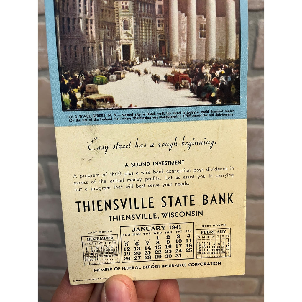 Vintage 1941 Thiensville Wisconsin State Bank Ink Blotter Advertising Wall Street