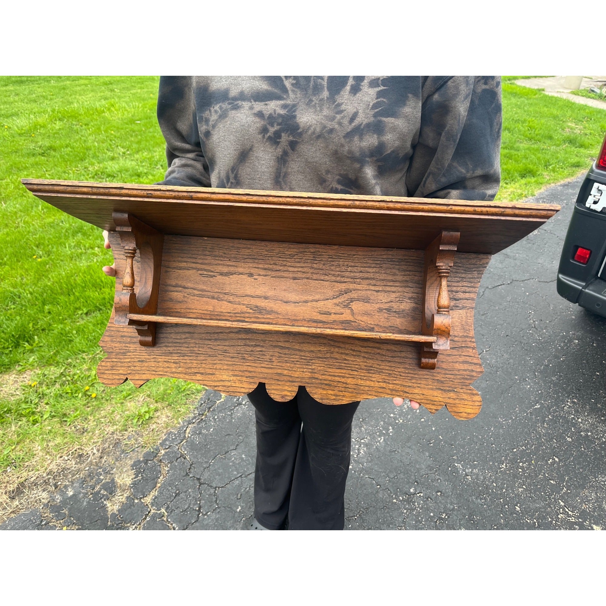 Antique 19th c. Victorian Eastlake Oak Wooden Clock Mantel Shelf Double Tier