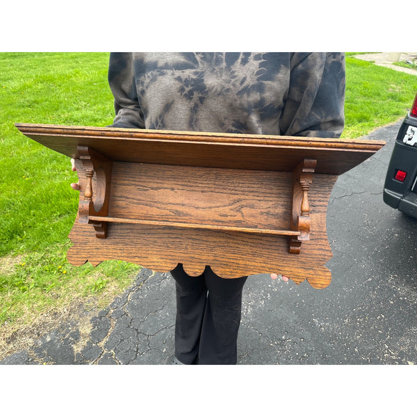 Antique 19th c. Victorian Eastlake Oak Wooden Clock Mantel Shelf Double Tier