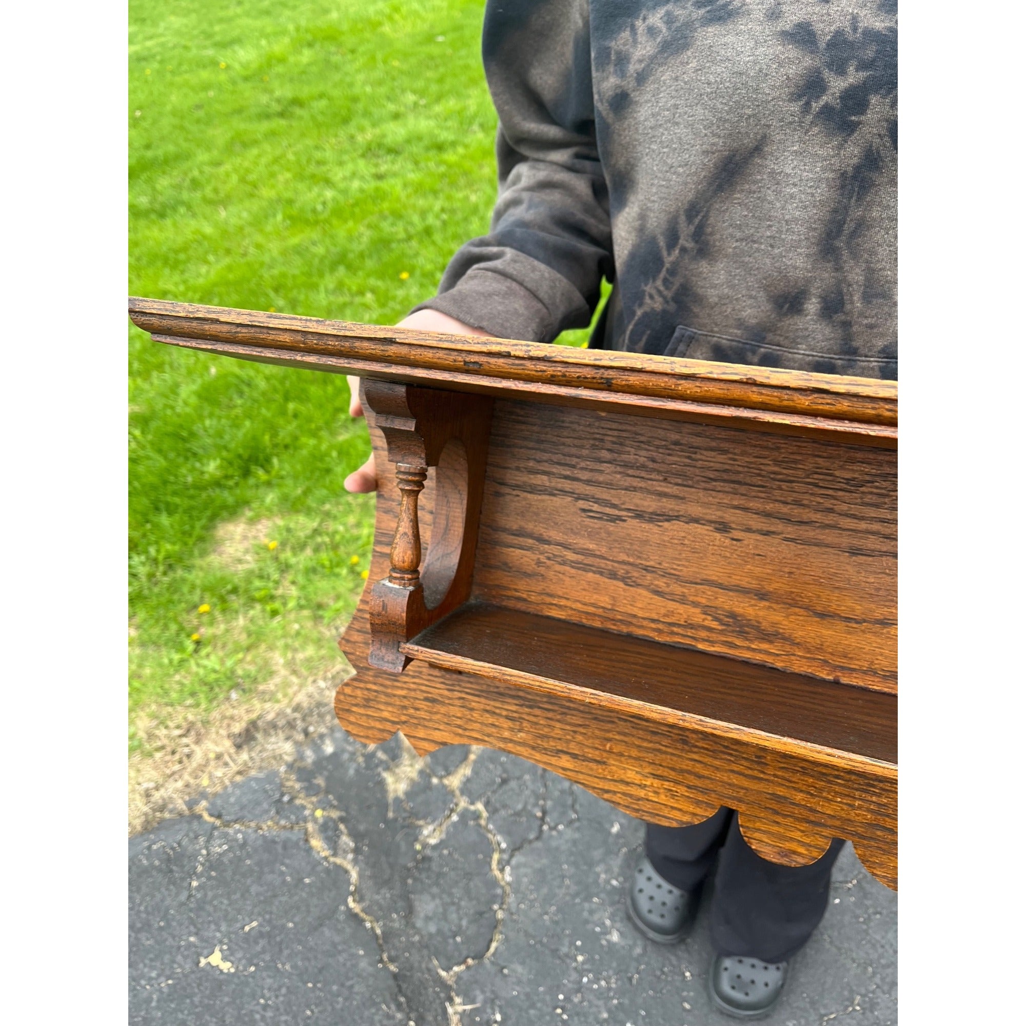 Antique 19th c. Victorian Eastlake Oak Wooden Clock Mantel Shelf Double Tier