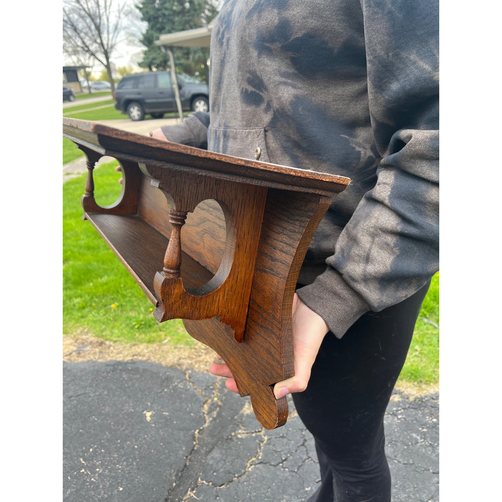 Antique 19th c. Victorian Eastlake Oak Wooden Clock Mantel Shelf Double Tier