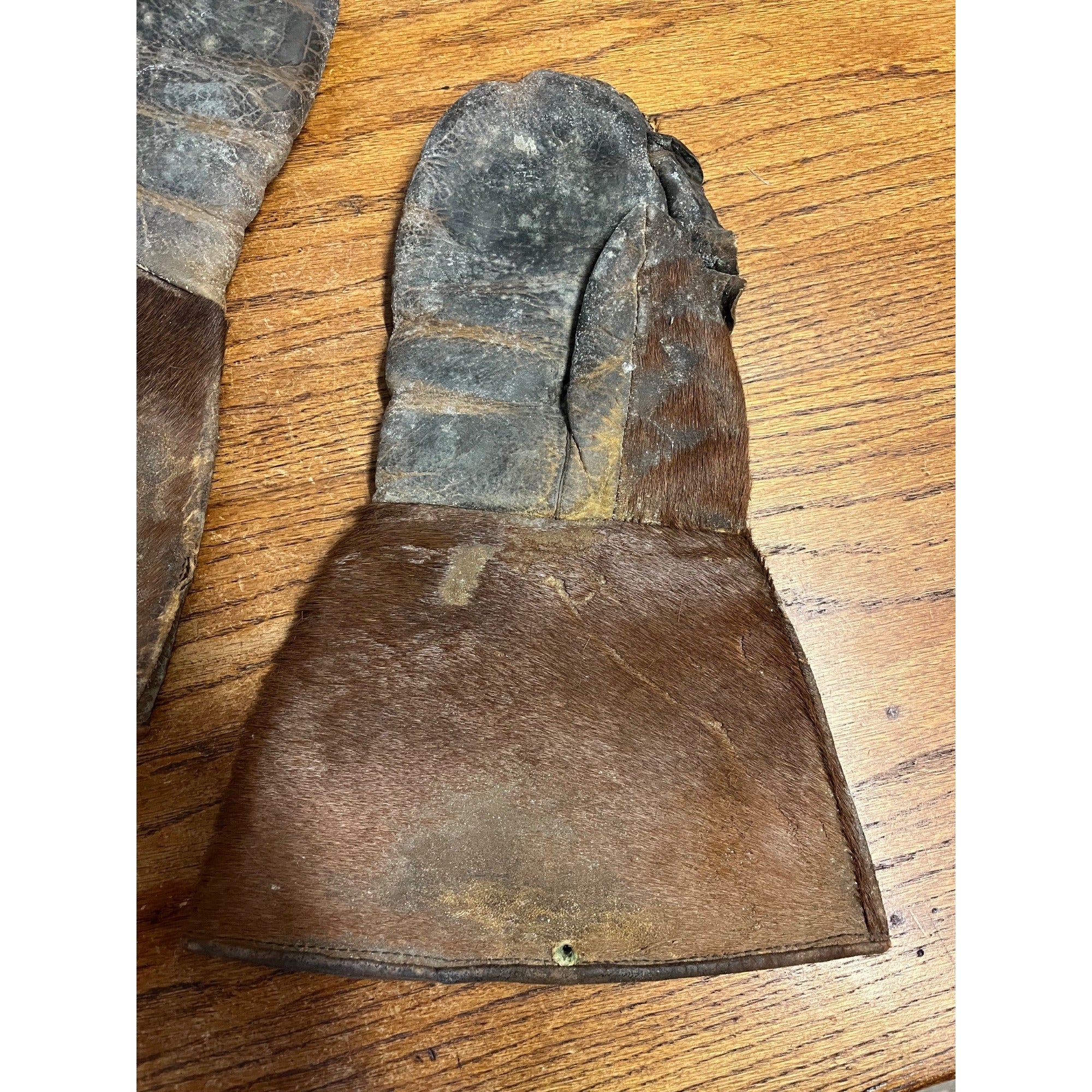 Antique Horsehide Sleigh Driving Mittens Hair On Hide Buggy Cutter Gloves c1900