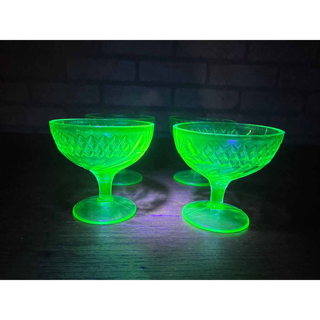 1920s Uranium US Glass Company Floral and Diamond Band 4 Sherbet Cups