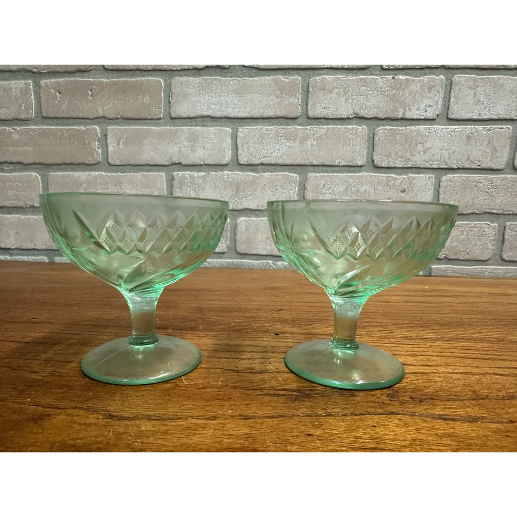 1920s Uranium US Glass Company Floral and Diamond Band 4 Sherbet Cups