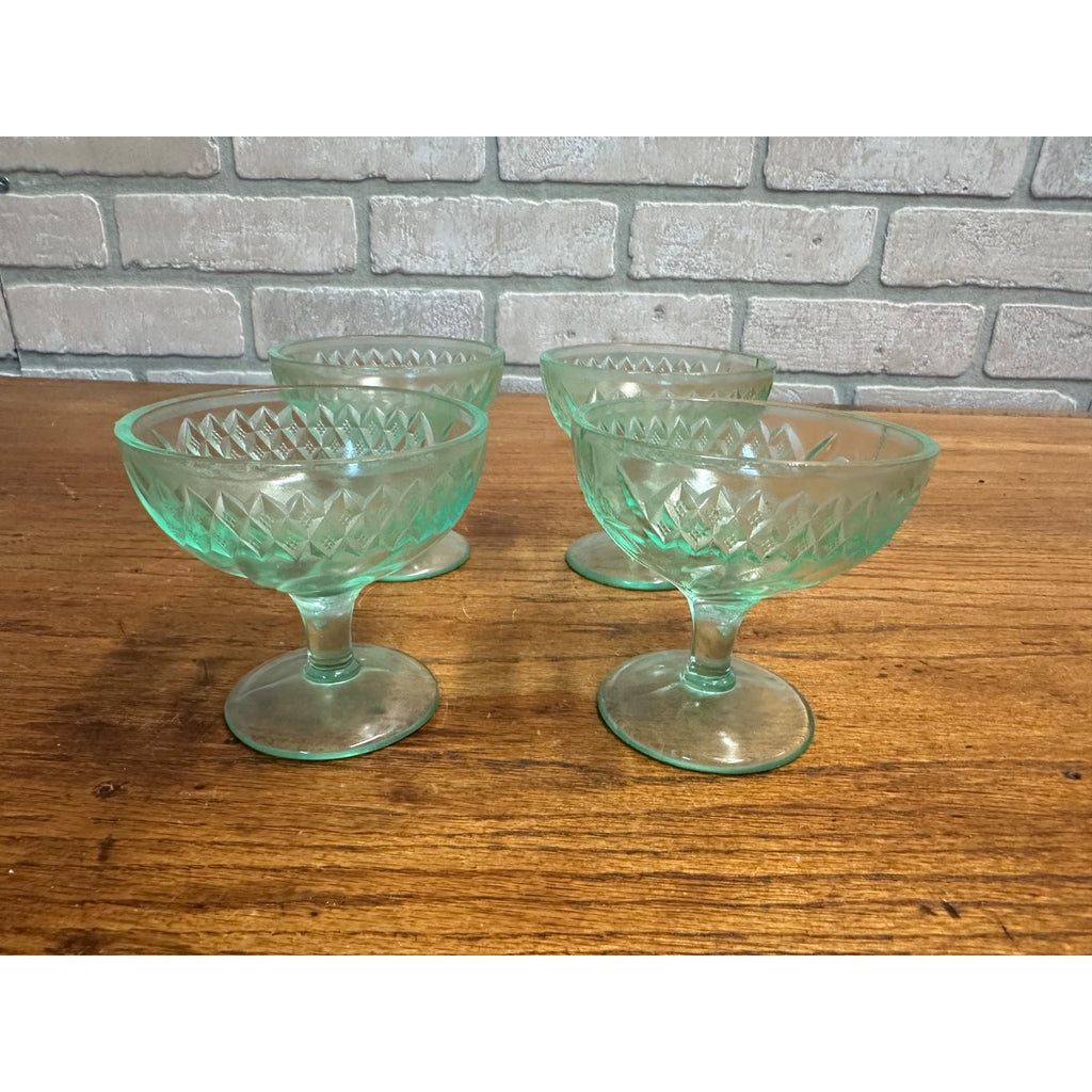 1920s Uranium US Glass Company Floral and Diamond Band 4 Sherbet Cups