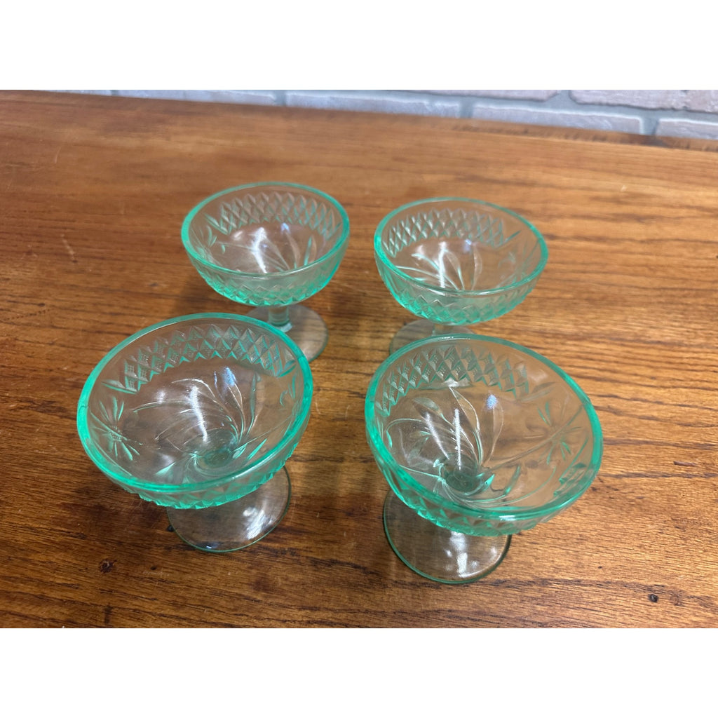 1920s Uranium US Glass Company Floral and Diamond Band 4 Sherbet Cups
