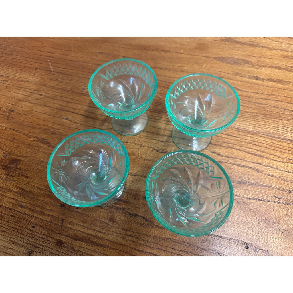 1920s Uranium US Glass Company Floral and Diamond Band 4 Sherbet Cups