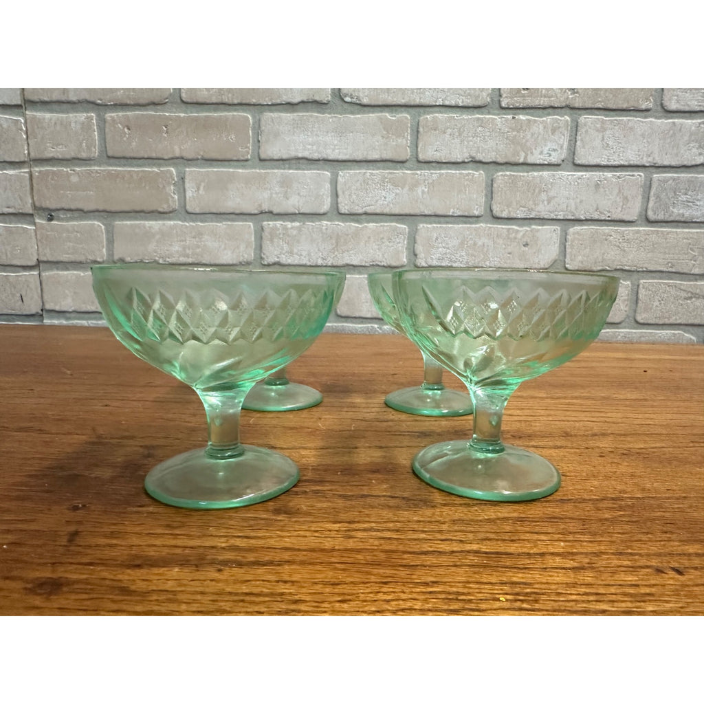 1920s Uranium US Glass Company Floral and Diamond Band 4 Sherbet Cups