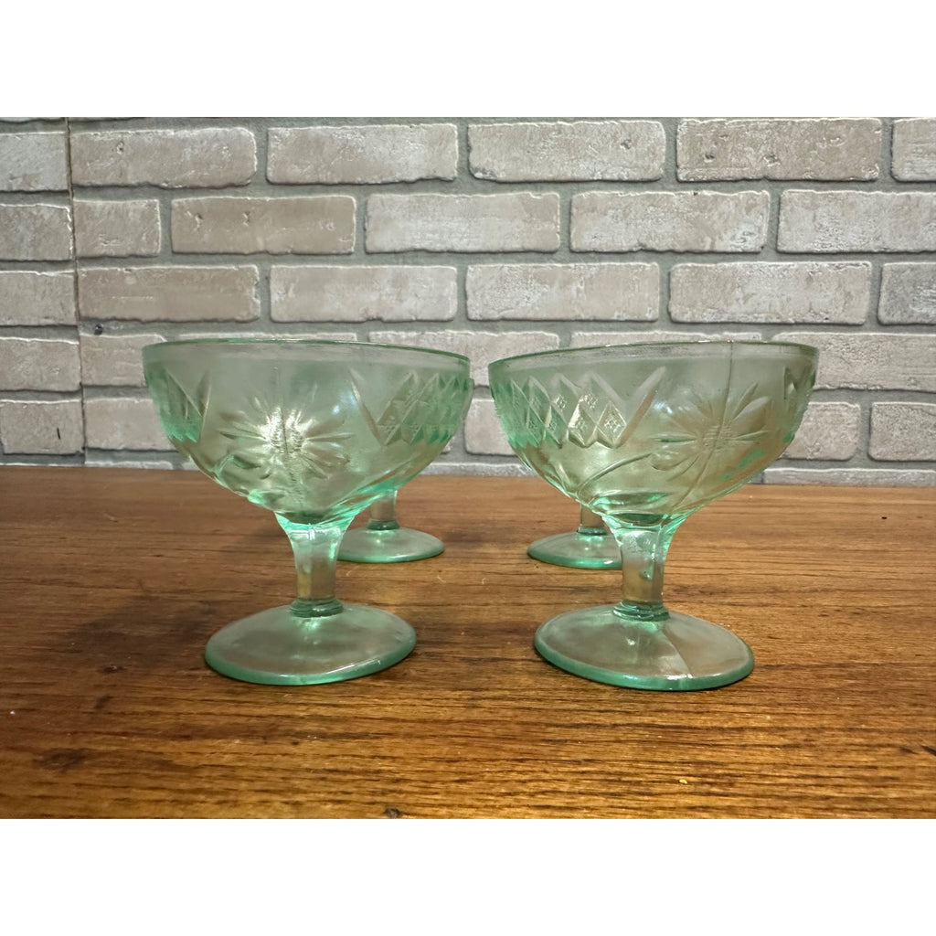 1920s Uranium US Glass Company Floral and Diamond Band 4 Sherbet Cups