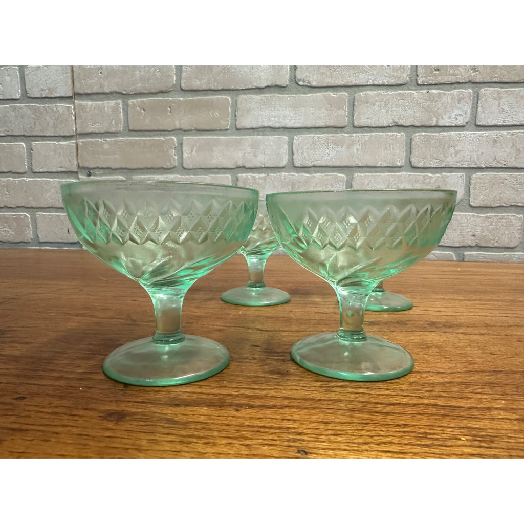 1920s Uranium US Glass Company Floral and Diamond Band 4 Sherbet Cups