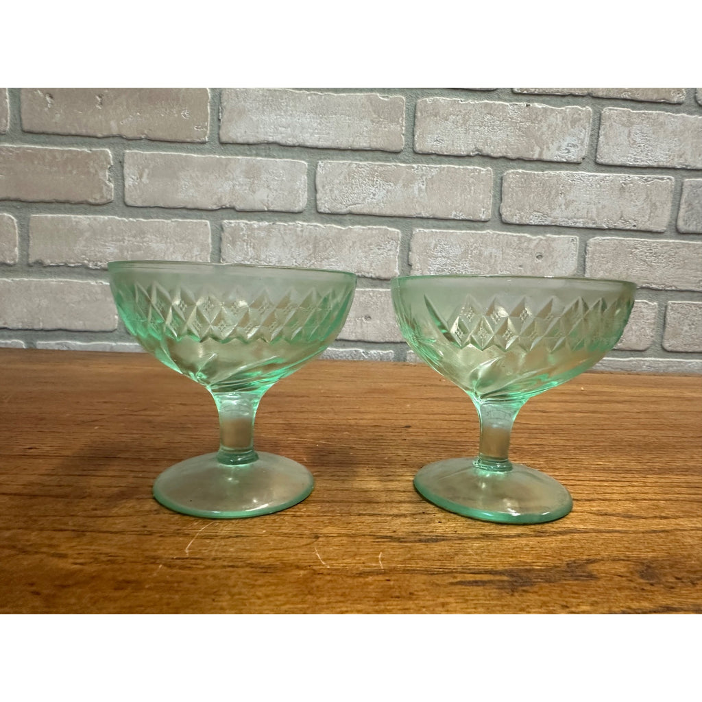 1920s Uranium US Glass Company Floral and Diamond Band 4 Sherbet Cups