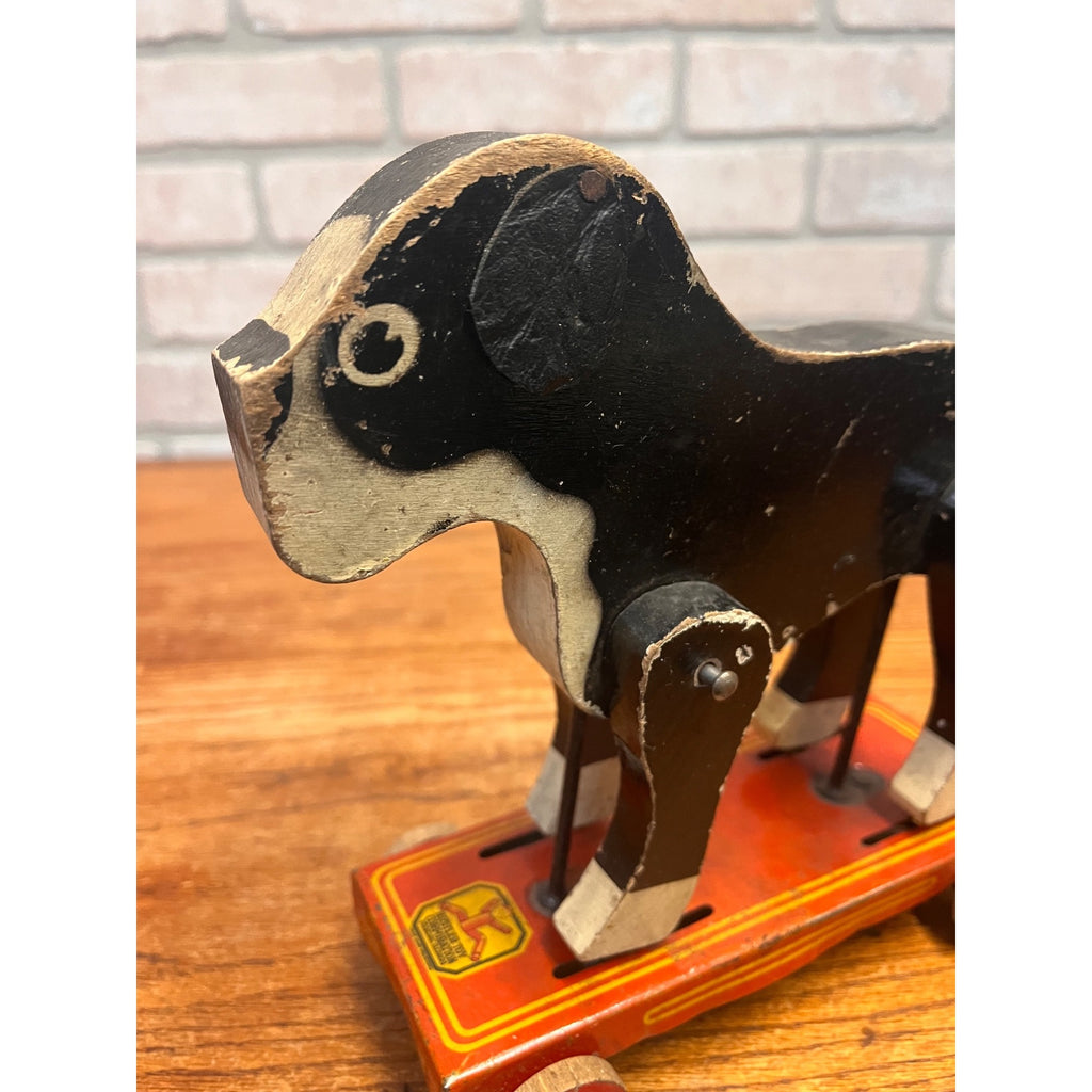 Vintage Hustler Toy Wooden Boston Terrier Bulldog Pup Pull Toy Dog 1930s