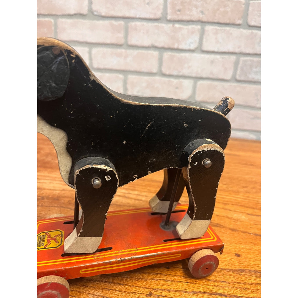 Vintage Hustler Toy Wooden Boston Terrier Bulldog Pup Pull Toy Dog 1930s