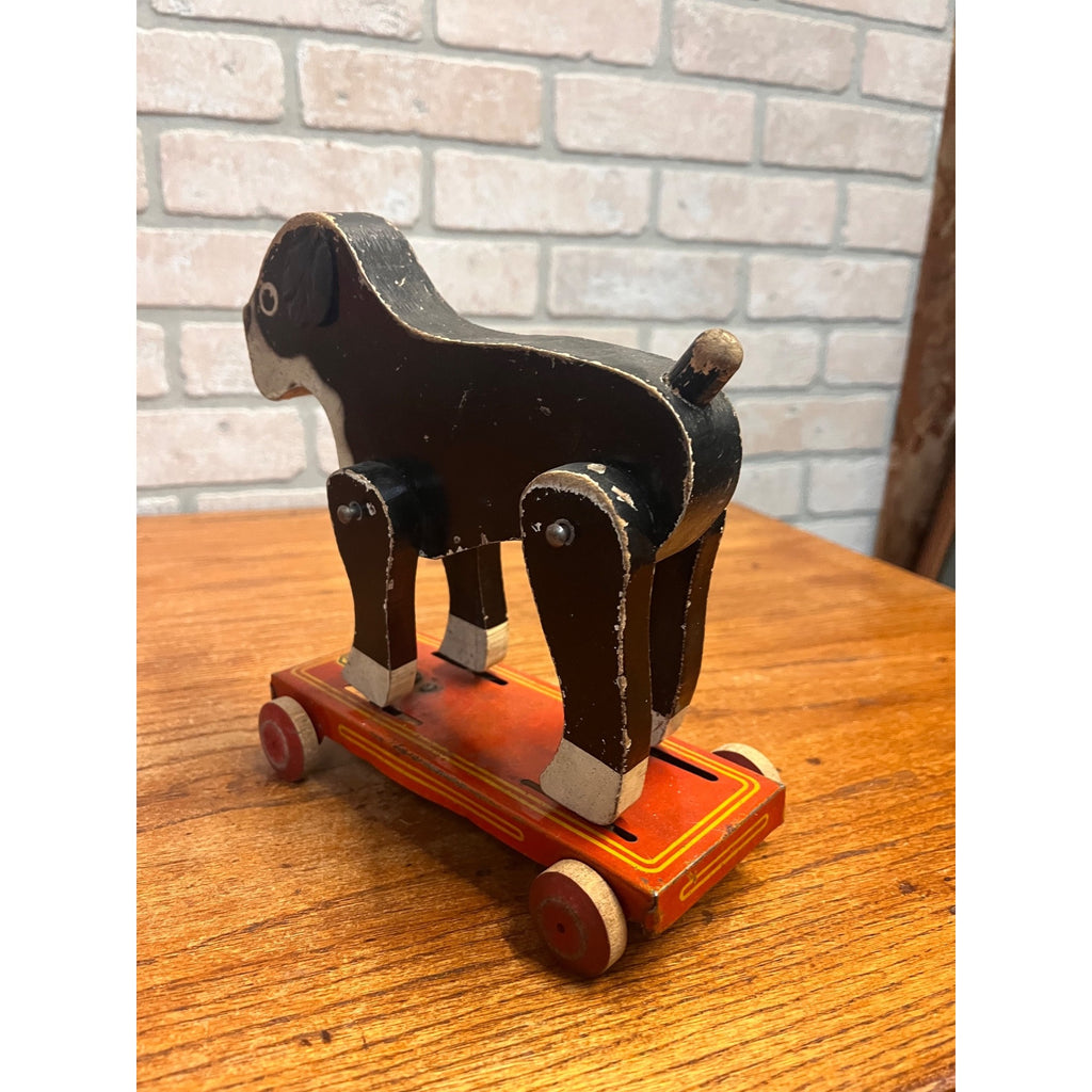 Vintage Hustler Toy Wooden Boston Terrier Bulldog Pup Pull Toy Dog 1930s