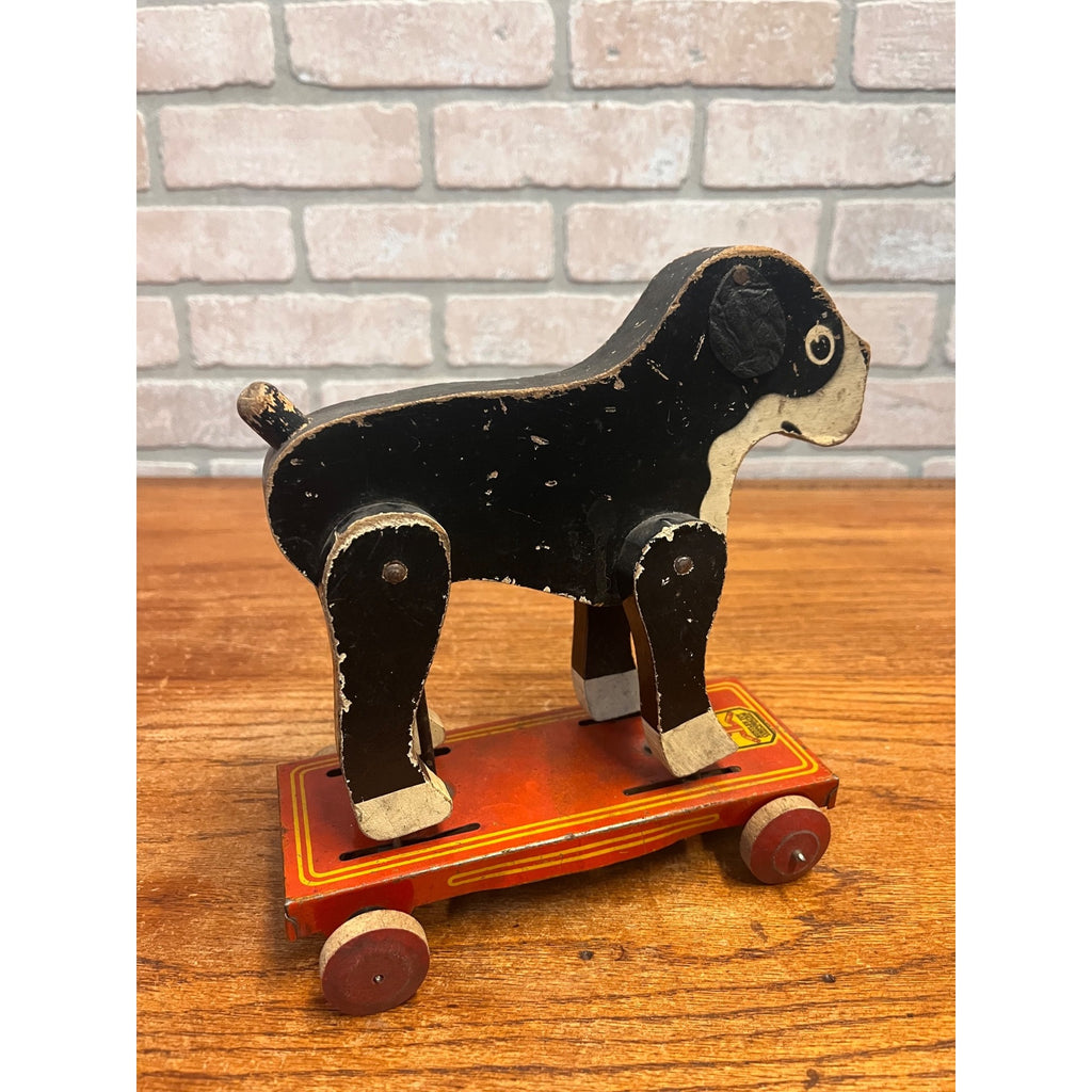 Vintage Hustler Toy Wooden Boston Terrier Bulldog Pup Pull Toy Dog 1930s