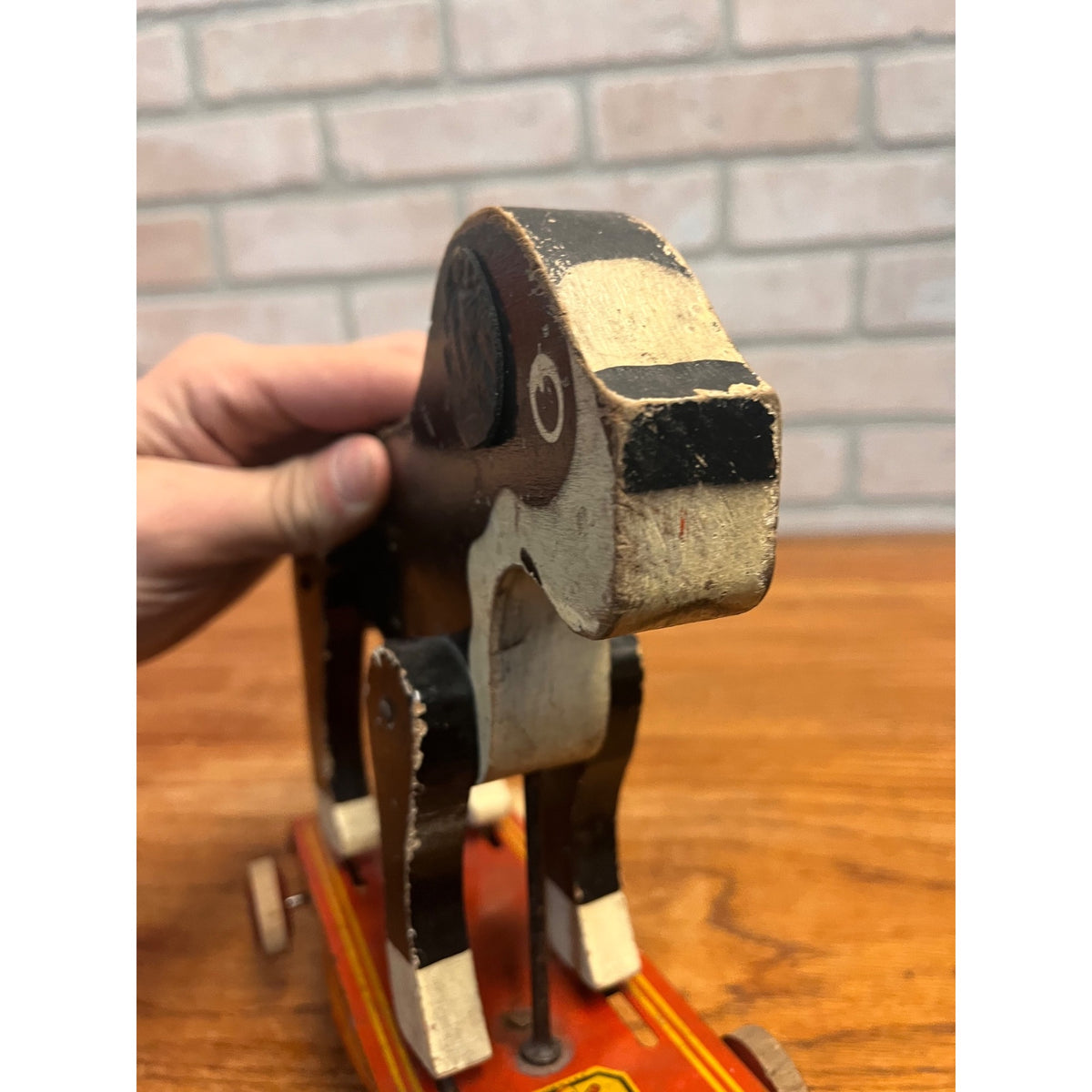 Vintage Hustler Toy Wooden Boston Terrier Bulldog Pup Pull Toy Dog 1930s