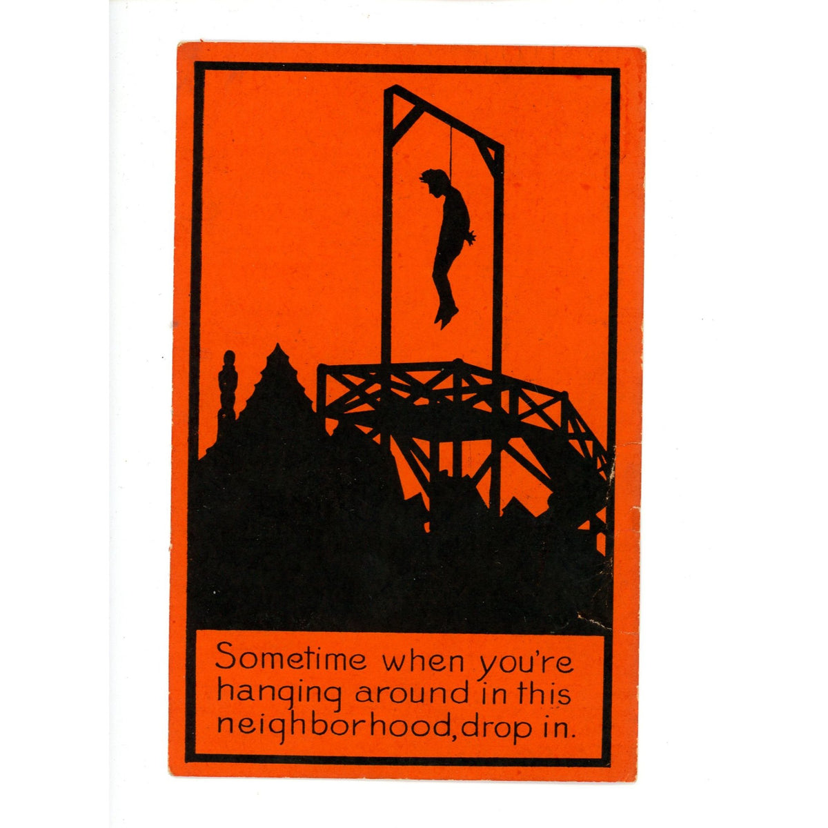 EXCEEDINGLY RARE Halloween Whitney Orange Silhouette Gallows Hanging Postcard Macabre