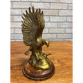 Vintage Brass Plated Swooping Eagle Statue Outstretched Talons Round Wooden Base