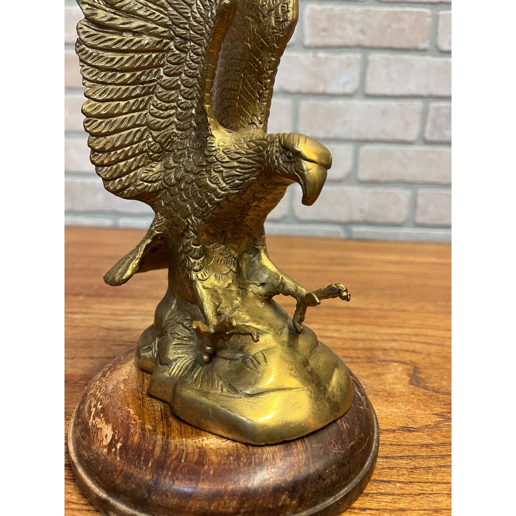 Vintage Brass Plated Swooping Eagle Statue Outstretched Talons Round Wooden Base