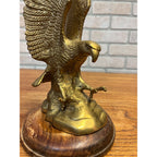 Vintage Brass Plated Swooping Eagle Statue Outstretched Talons Round Wooden Base
