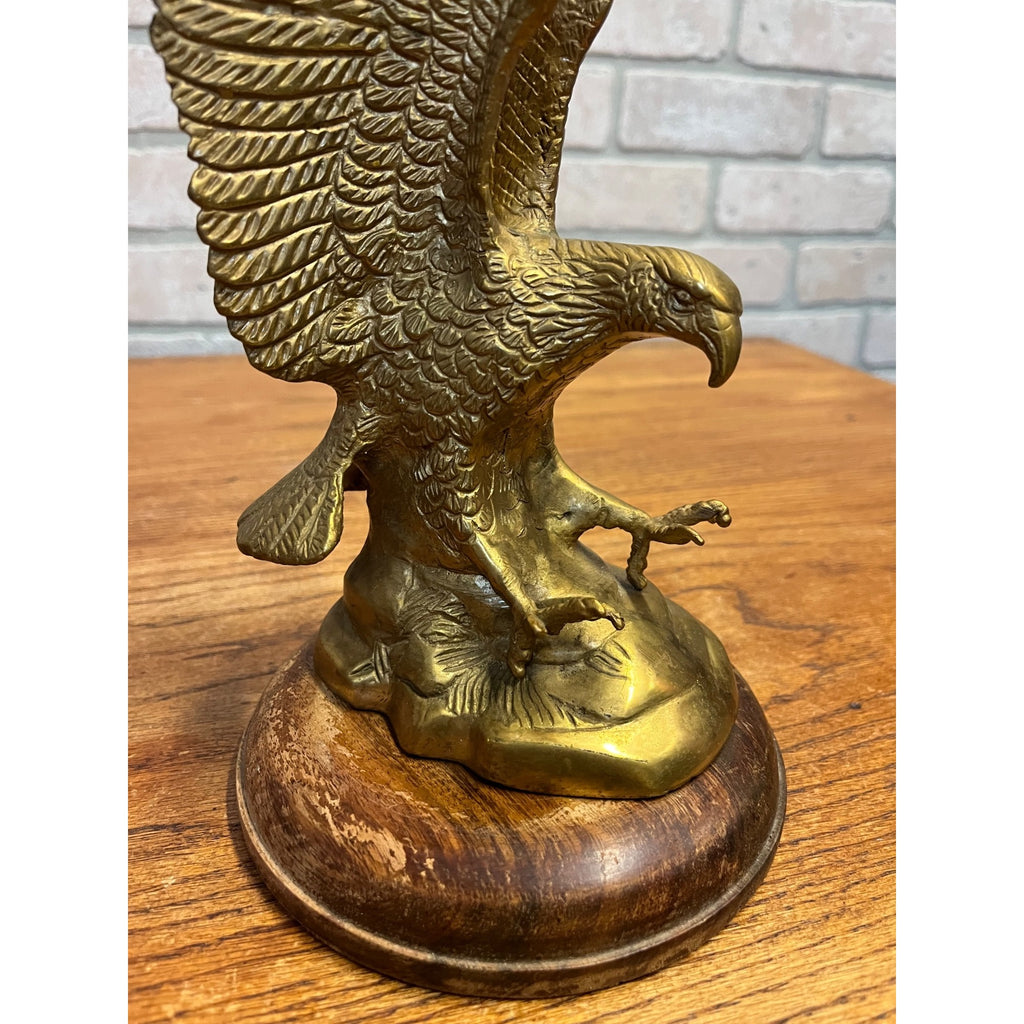 Vintage Brass Plated Swooping Eagle Statue Outstretched Talons Round Wooden Base