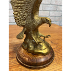 Vintage Brass Plated Swooping Eagle Statue Outstretched Talons Round Wooden Base