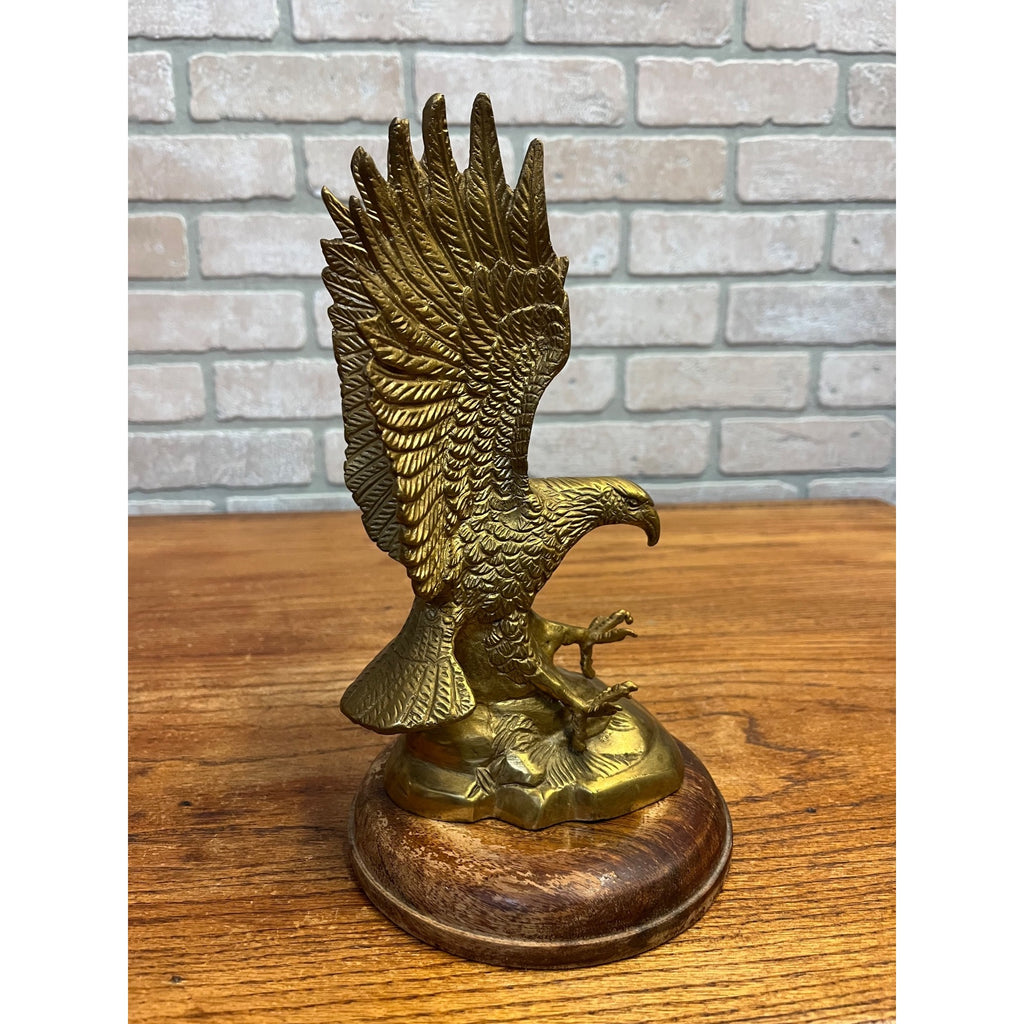 Vintage Brass Plated Swooping Eagle Statue Outstretched Talons Round Wooden Base