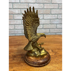 Vintage Brass Plated Swooping Eagle Statue Outstretched Talons Round Wooden Base