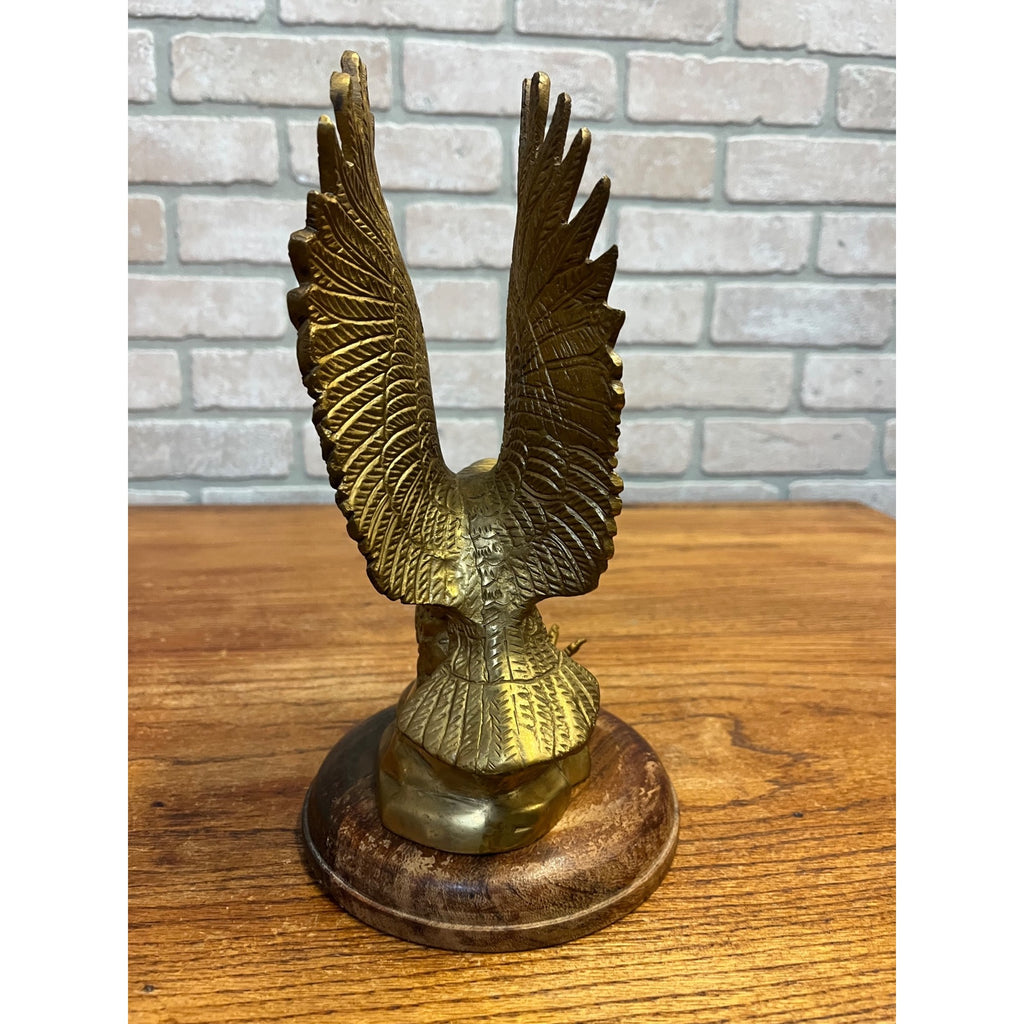 Vintage Brass Plated Swooping Eagle Statue Outstretched Talons Round Wooden Base