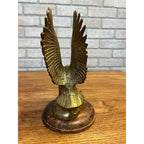 Vintage Brass Plated Swooping Eagle Statue Outstretched Talons Round Wooden Base