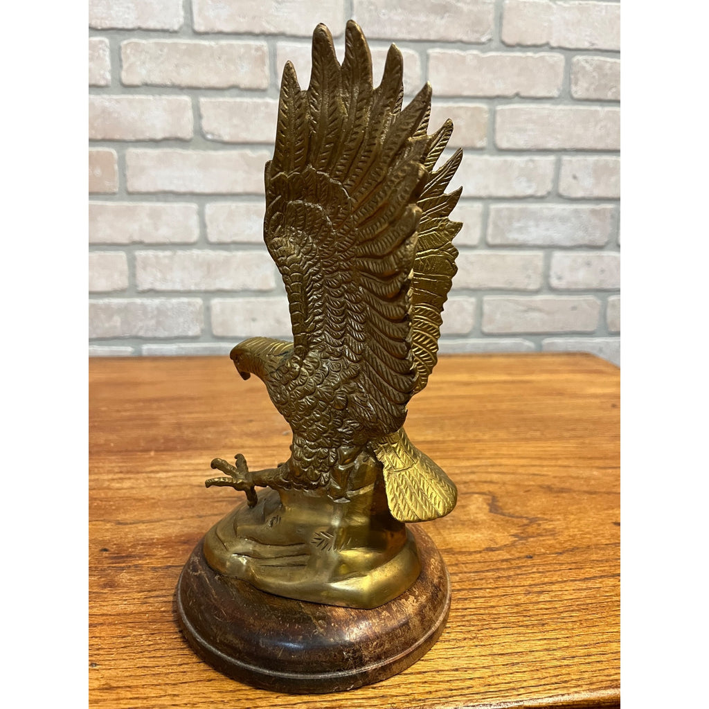 Vintage Brass Plated Swooping Eagle Statue Outstretched Talons Round Wooden Base