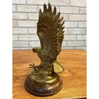 Vintage Brass Plated Swooping Eagle Statue Outstretched Talons Round Wooden Base