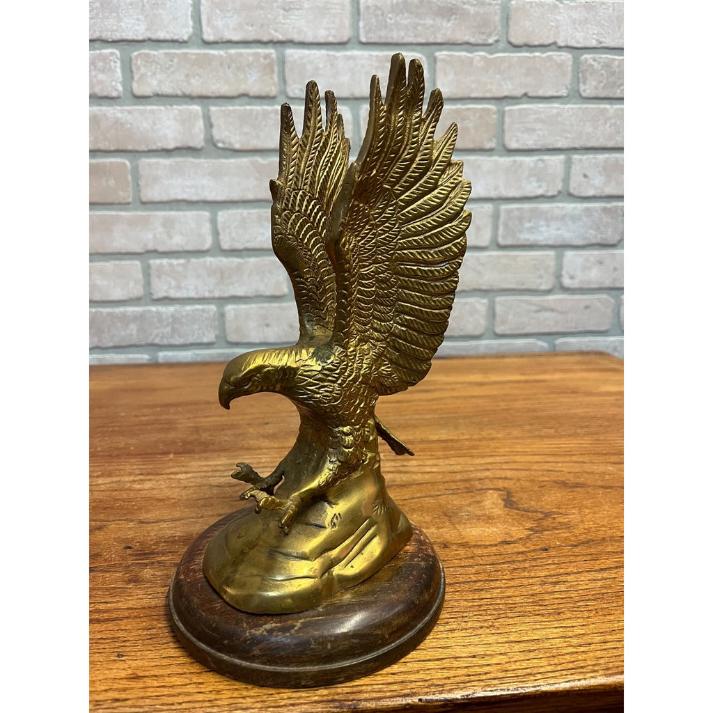Vintage Brass Plated Swooping Eagle Statue Outstretched Talons Round Wooden Base