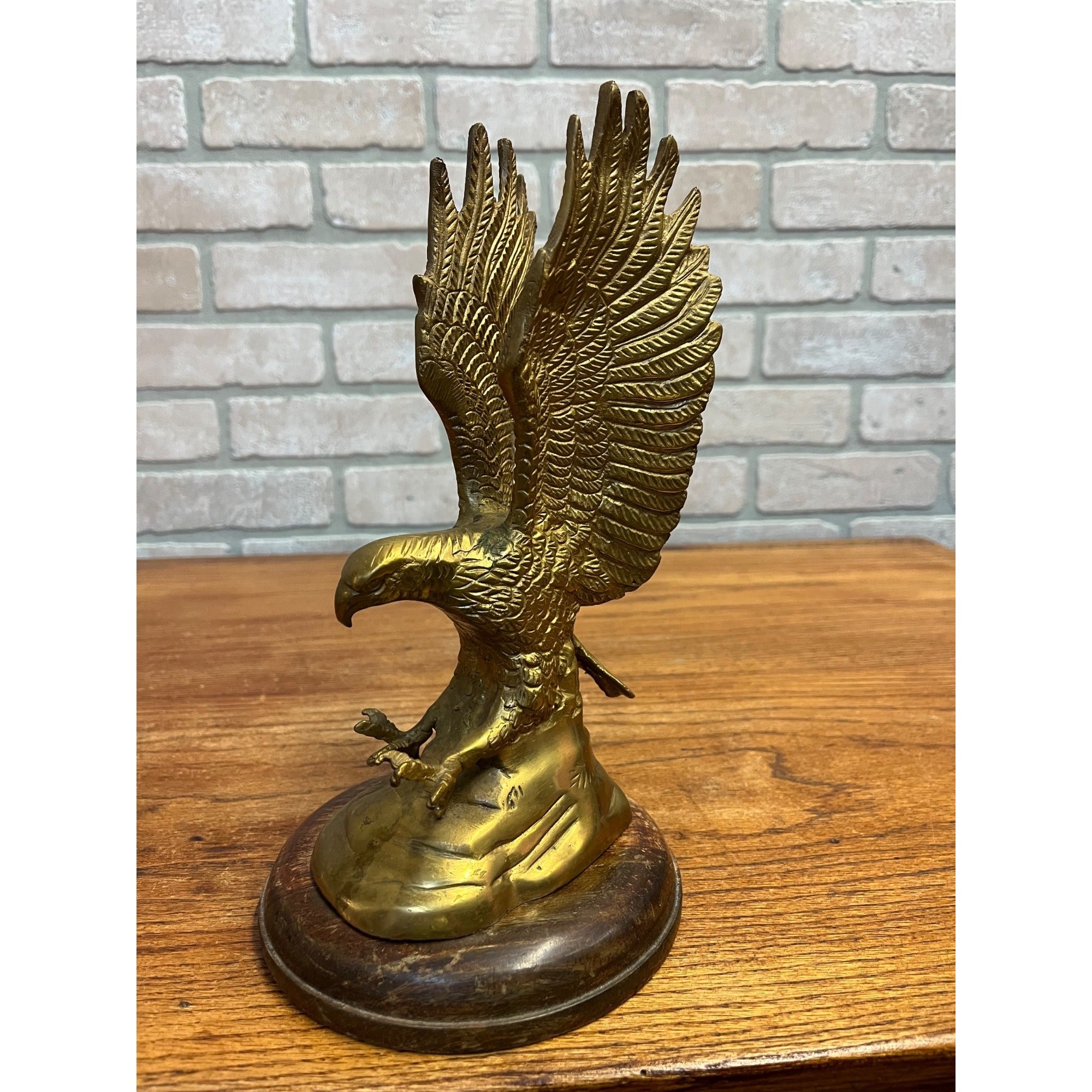 Vintage Brass Plated Swooping Eagle Statue Outstretched Talons Round Wooden Base