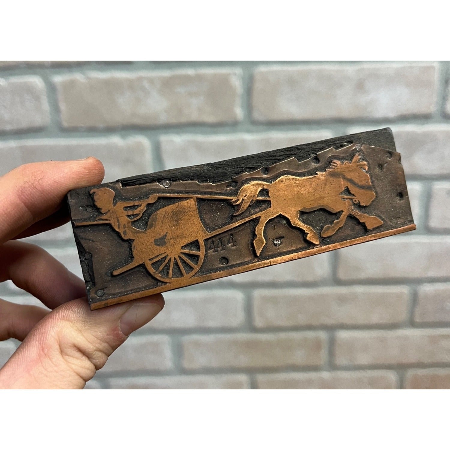 Vintage Letterpress Printing Block Horse Pulling Wagon Buggy Cart w/ Young Boy