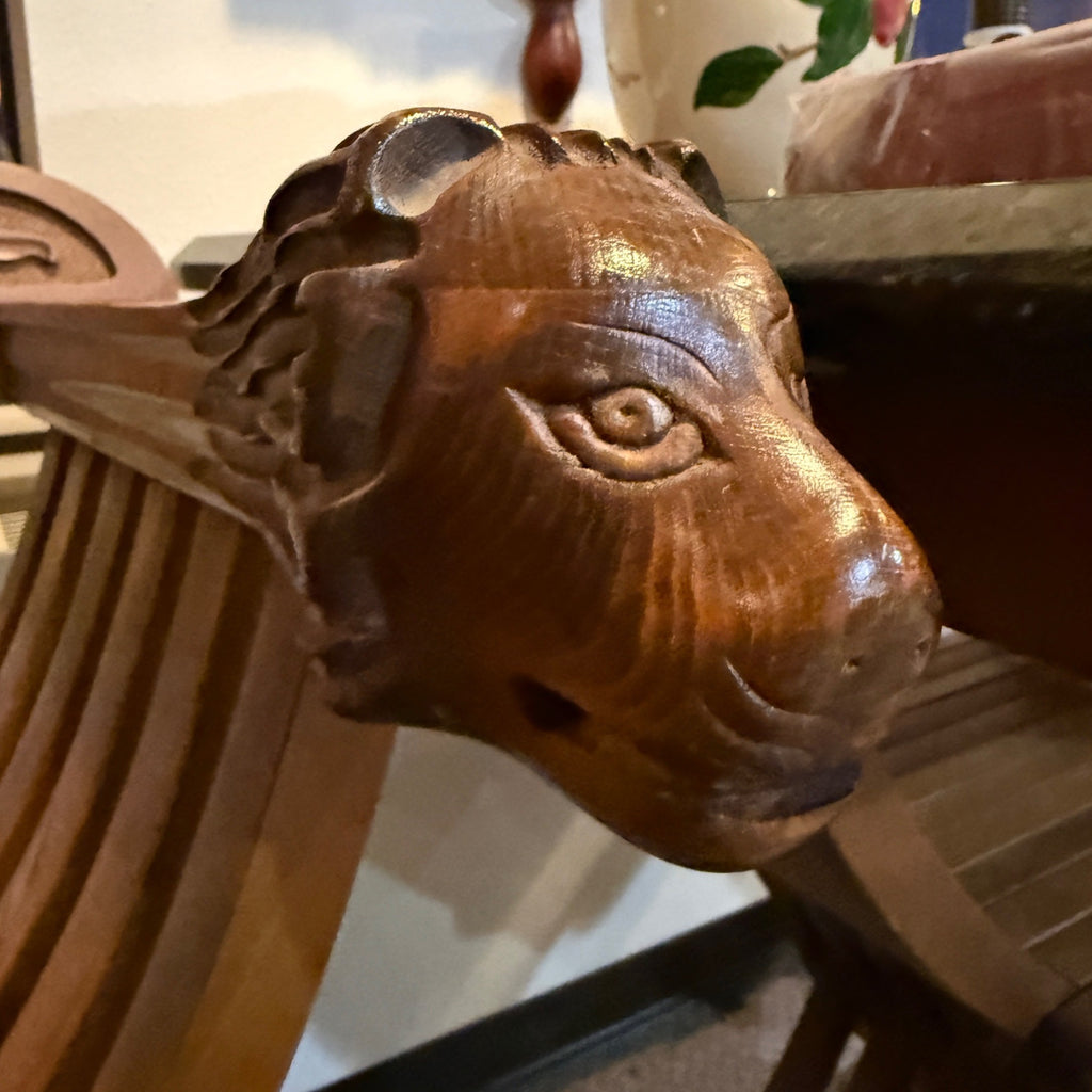 Gothic Savonarola Lion Chairs & Marble Table Set Italian Renaissance Revival