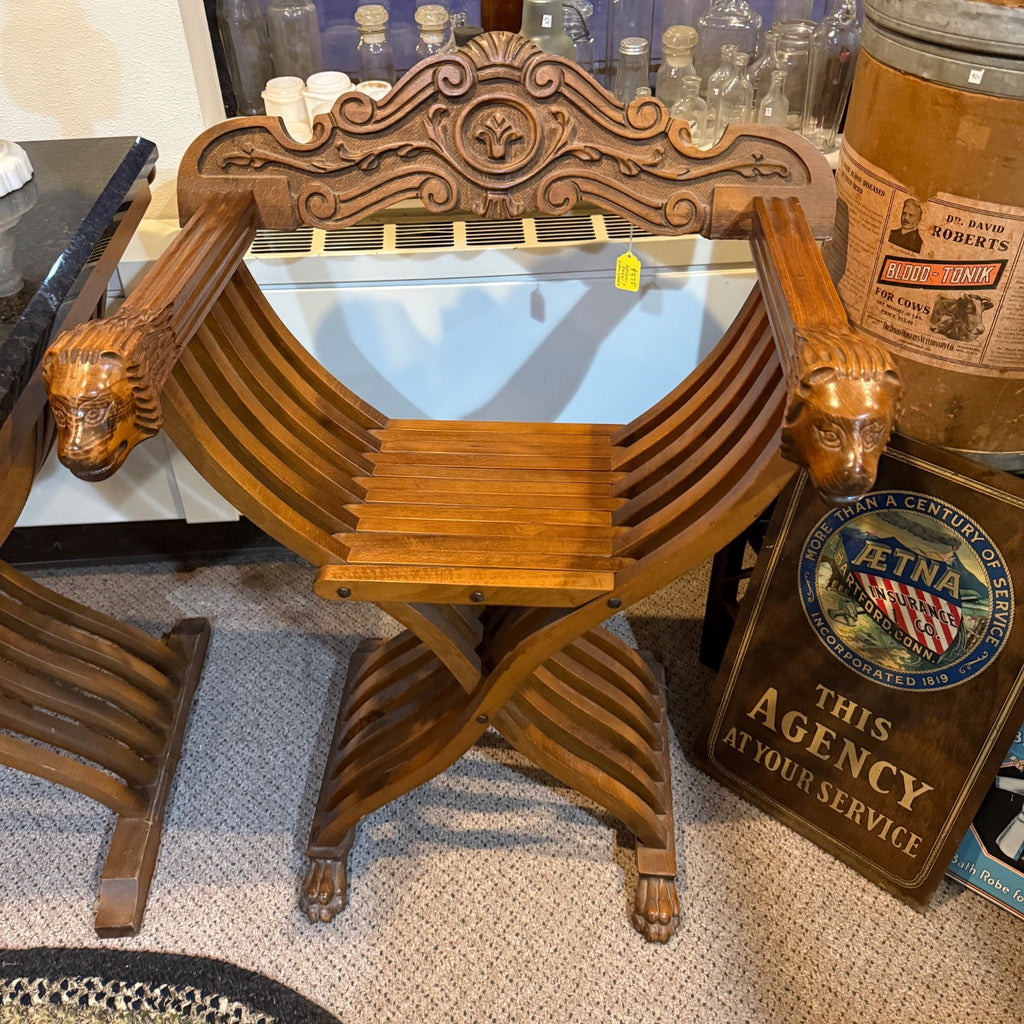 Gothic Savonarola Lion Chairs & Marble Table Set Italian Renaissance Revival