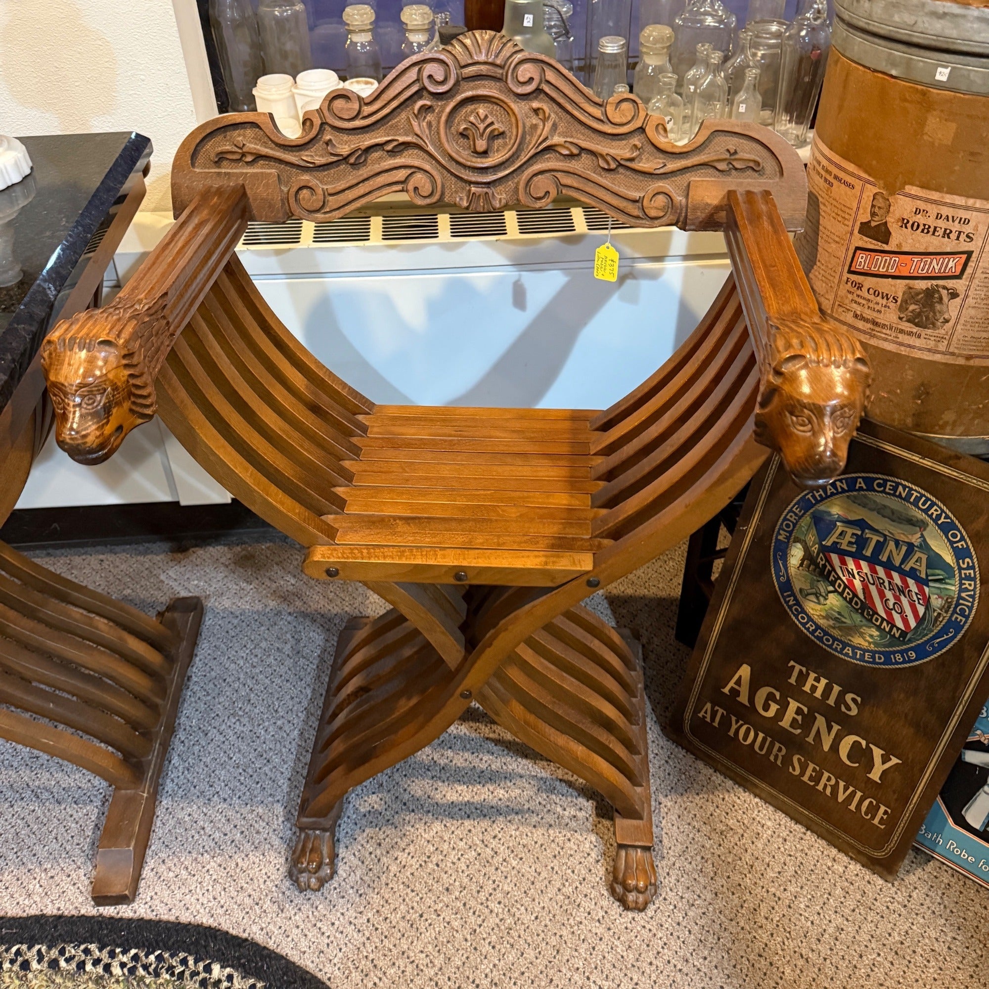 Gothic Savonarola Lion Chairs & Marble Table Set Italian Renaissance Revival