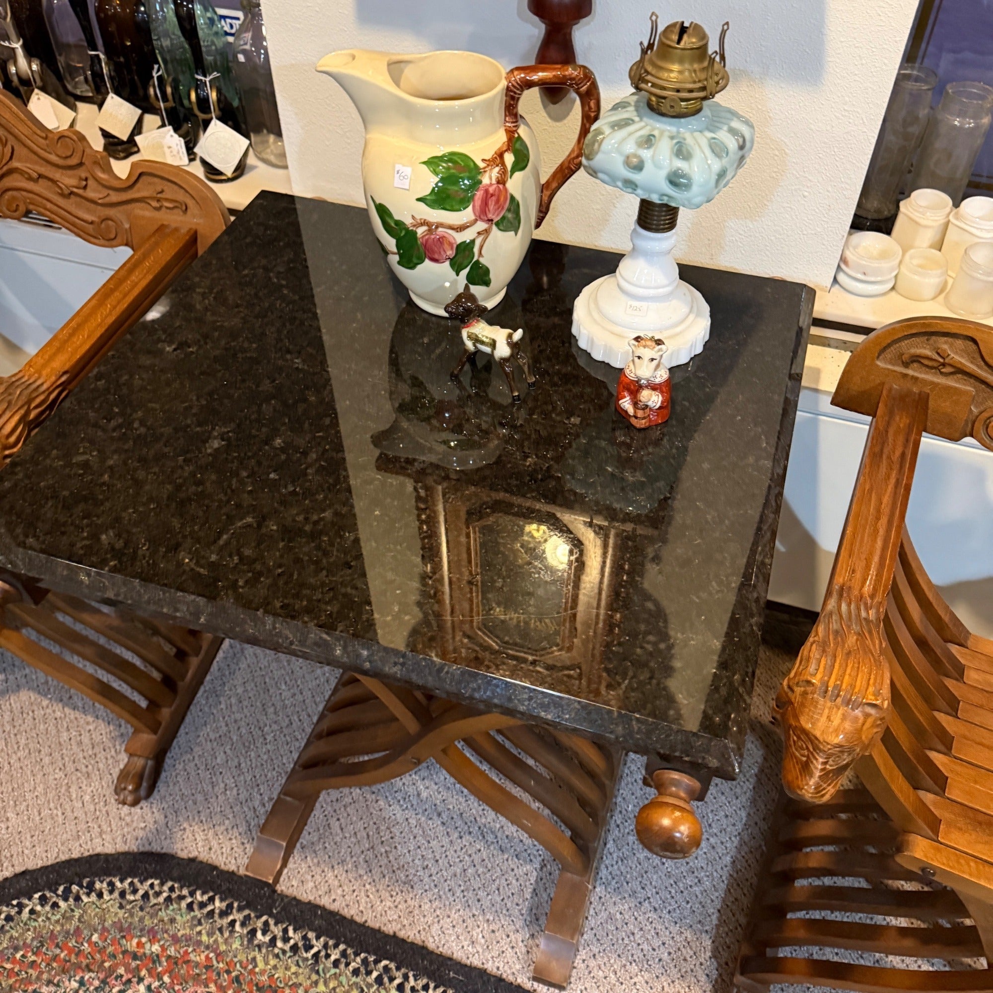 Gothic Savonarola Lion Chairs & Marble Table Set Italian Renaissance Revival