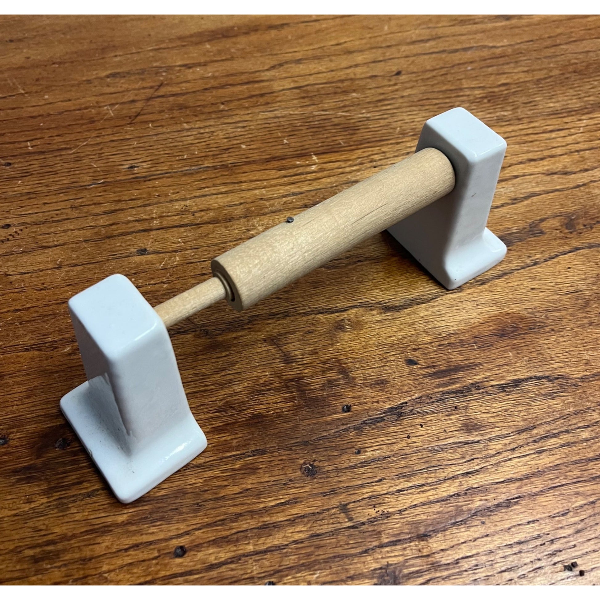 Vintage White Porcelain Bathroom Toilet Paper Roll Holder w/ Wood Rod