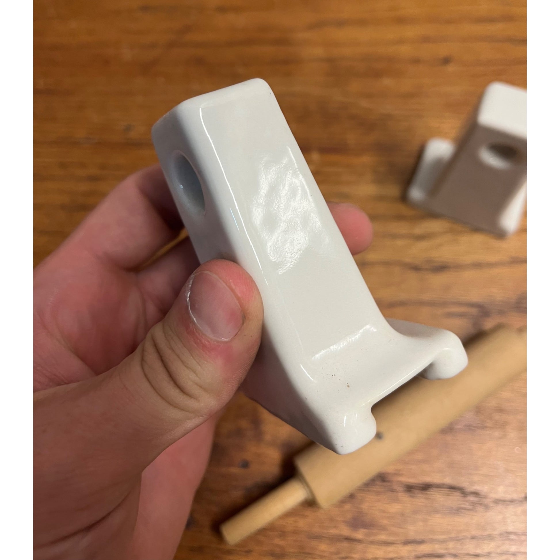 Vintage White Porcelain Bathroom Toilet Paper Roll Holder w/ Wood Rod