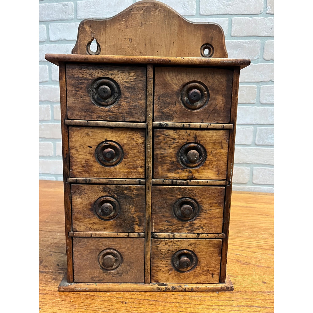Antique Primitive 19th c. Wall Hanging 8-Drawer Spice Cabinet Farmhouse Country