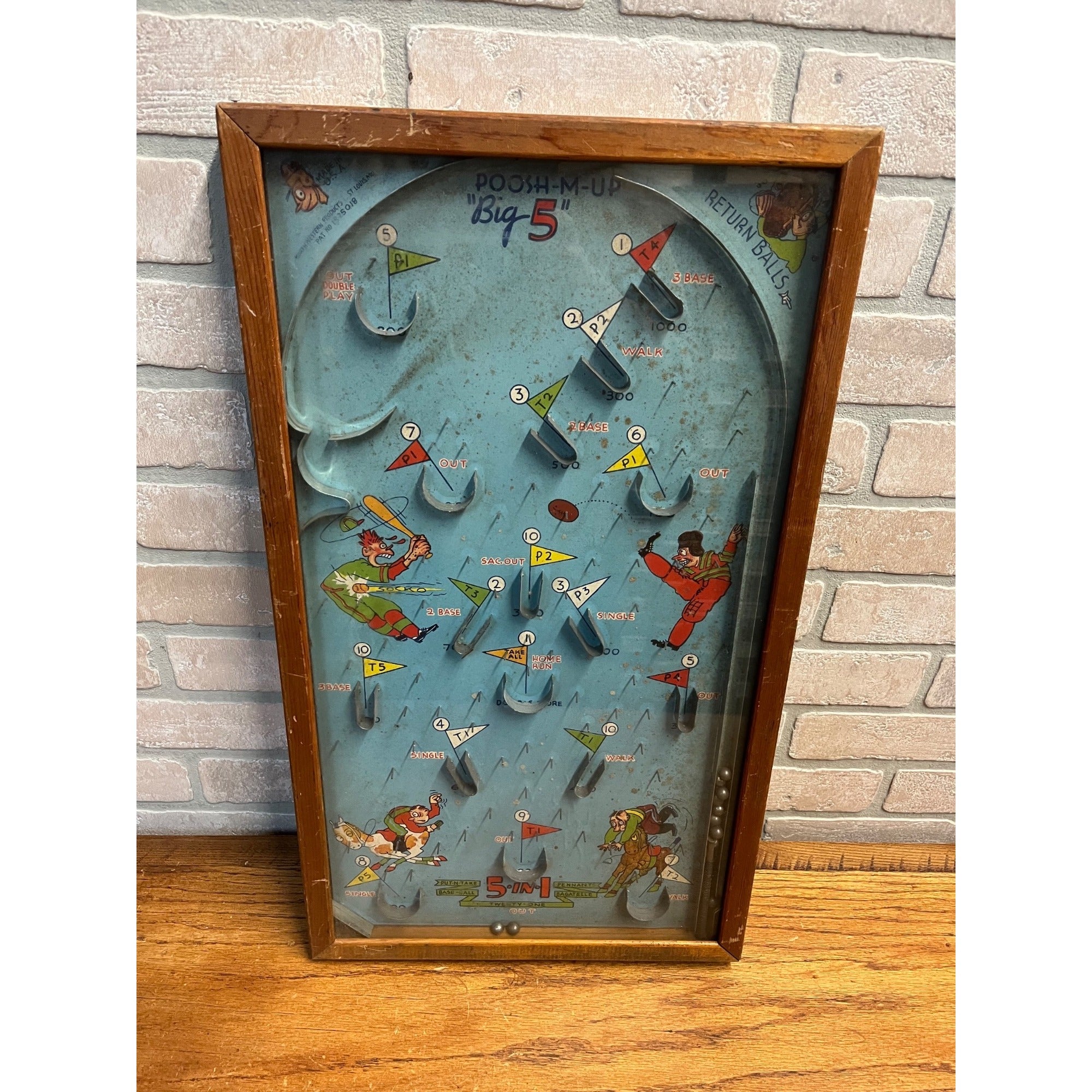 Vintage 1930s Sports 5-in-1 Poosh-M-Up Marble Pinball Table Top Game Wood Frame