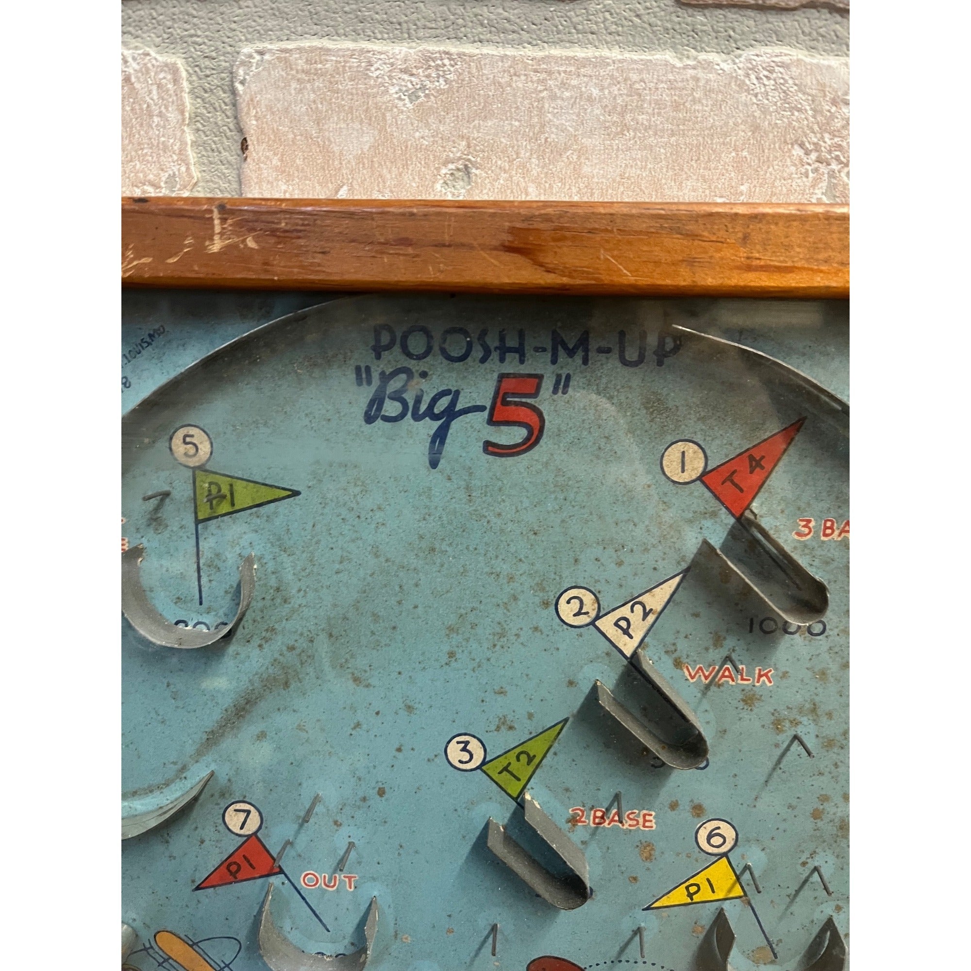 Vintage 1930s Sports 5-in-1 Poosh-M-Up Marble Pinball Table Top Game Wood Frame