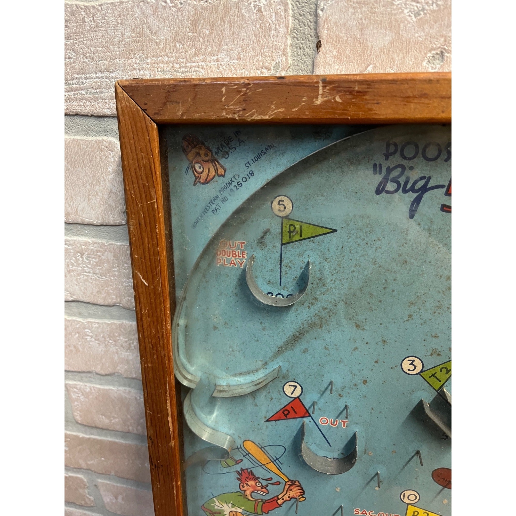 Vintage 1930s Sports 5-in-1 Poosh-M-Up Marble Pinball Table Top Game Wood Frame