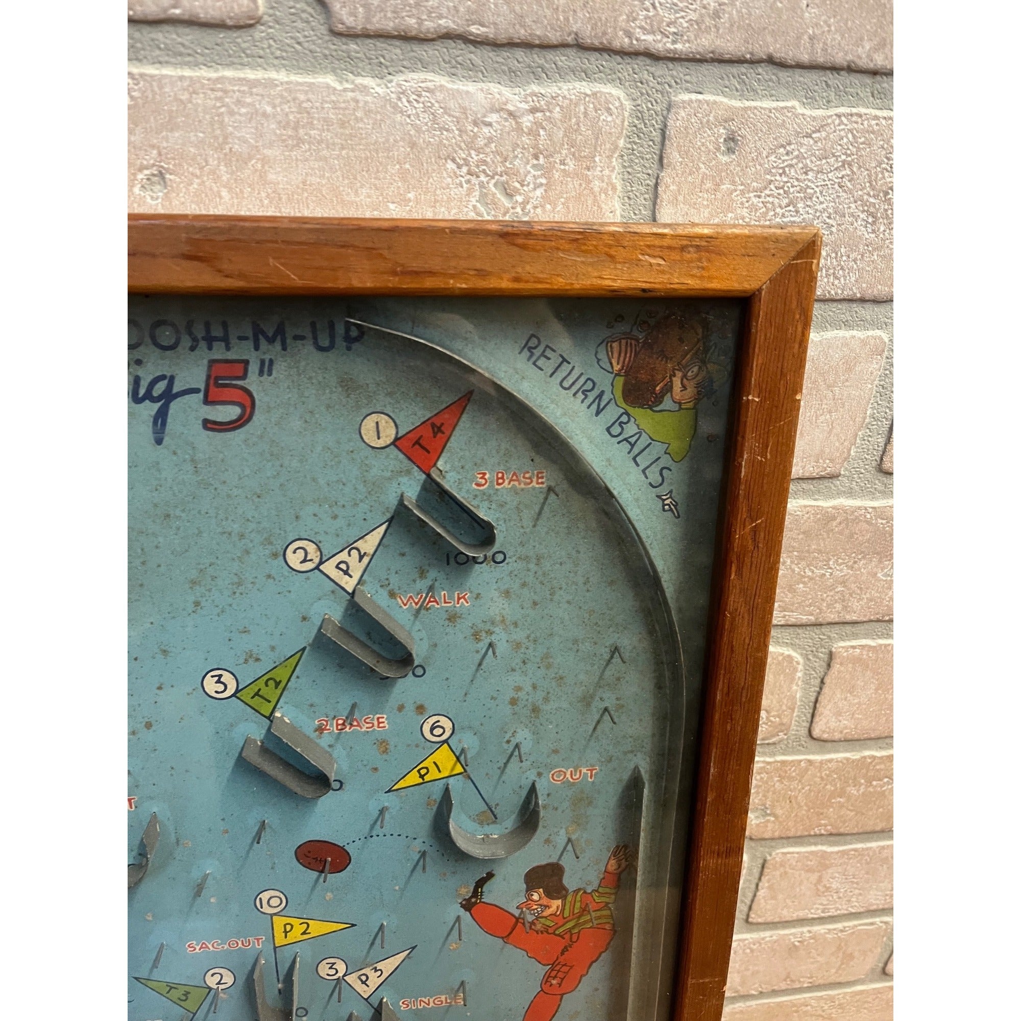 Vintage 1930s Sports 5-in-1 Poosh-M-Up Marble Pinball Table Top Game Wood Frame