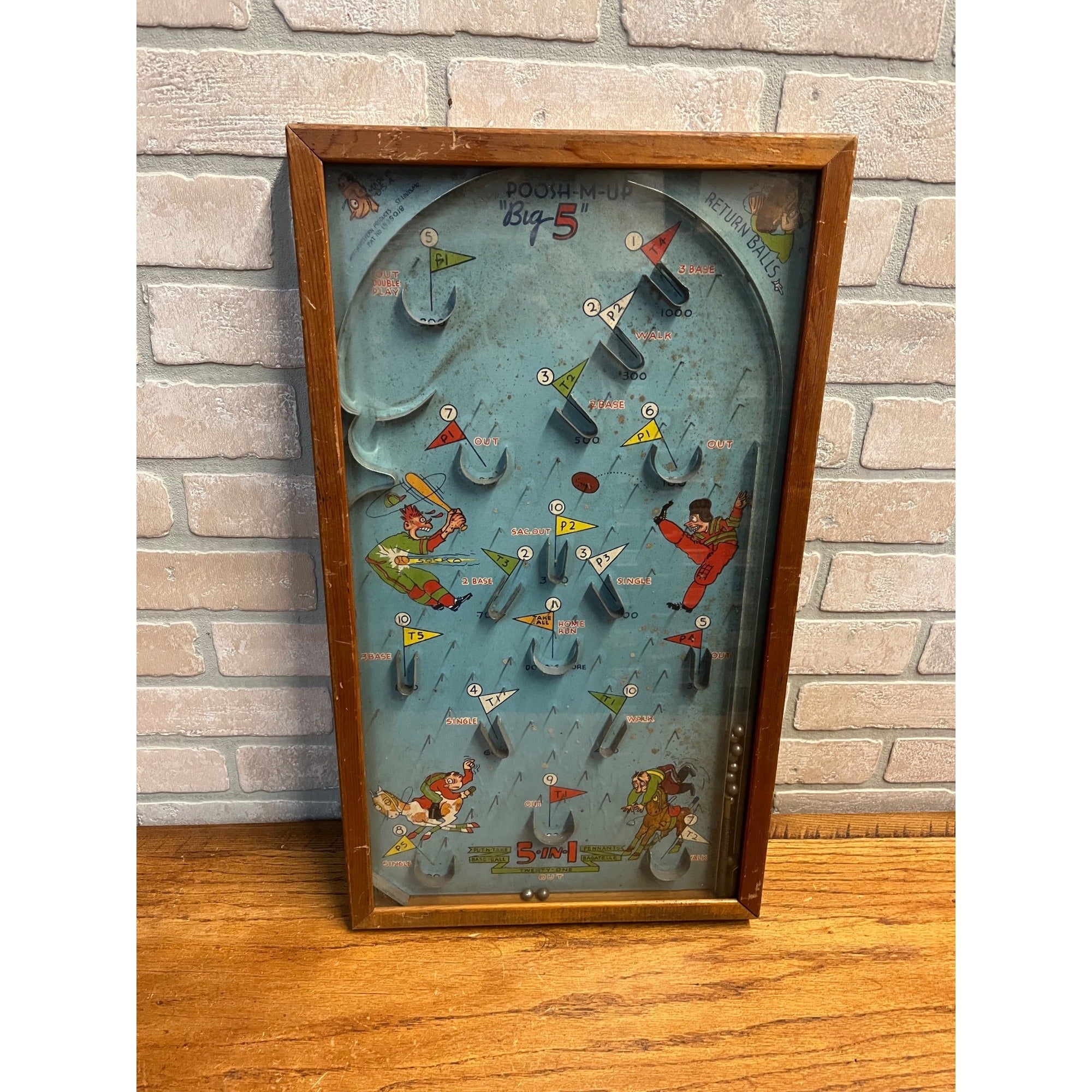 Vintage 1930s Sports 5-in-1 Poosh-M-Up Marble Pinball Table Top Game Wood Frame