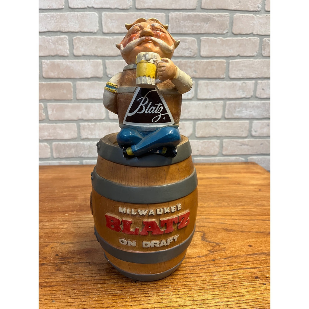 Vintage 1950s  Blatz Beer Man Sitting on a Beer Barrel Plaster Figure Coin Bank